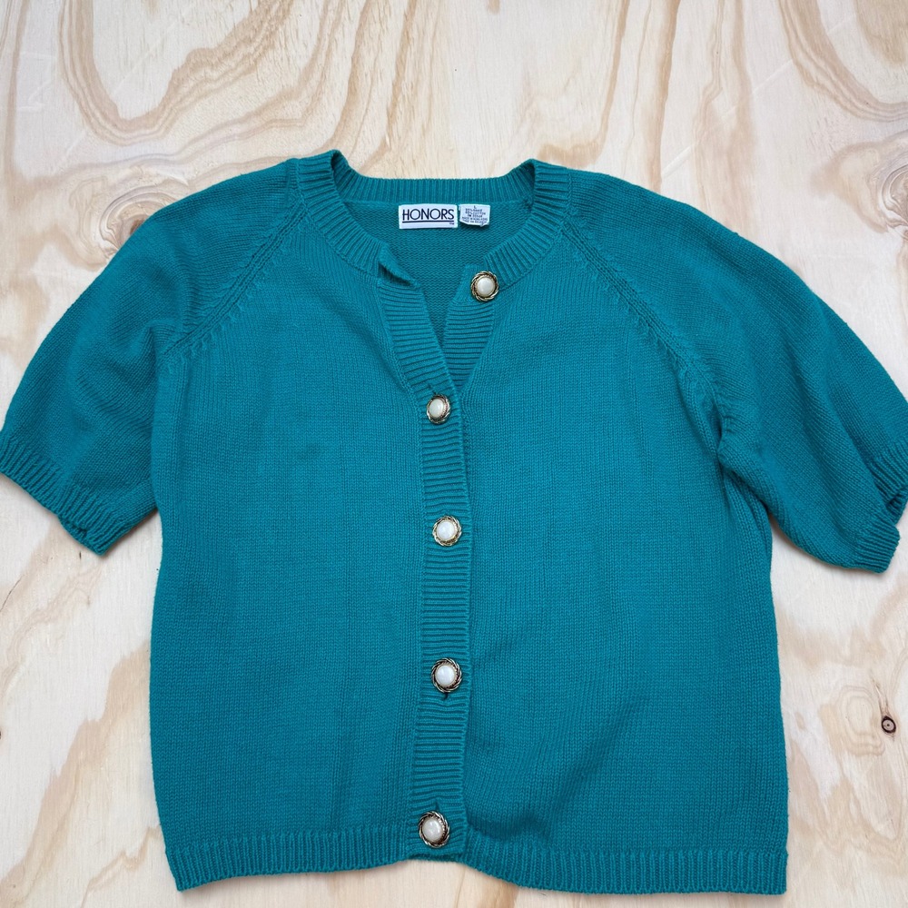 Honors Vintage Teal Green Ramie Cotton Short Sleeve Cardigan Sweater Large